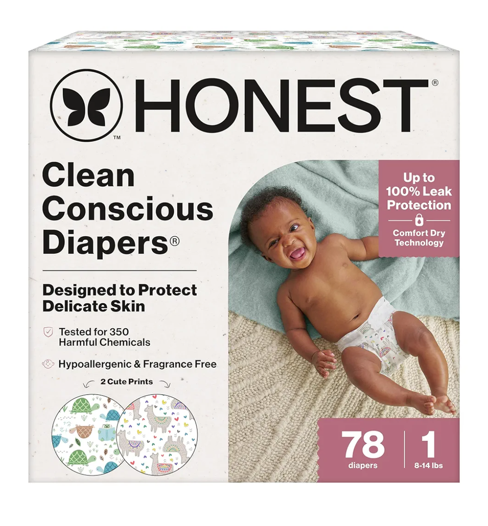 The Honest Company Clean Conscious Diapers for Delicate Skin | Up to 100% Leakproof | Hypoallergenic, Fragrance Free | Gender Neutral | Club Box, Size 1 (8-14 lbs), 78 Count (Prints May Vary)