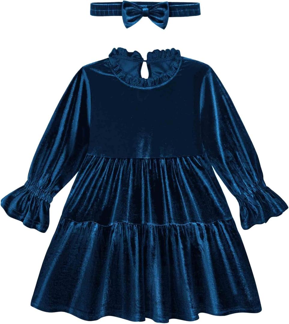 Baby and Toddler Girls Velvet Dresses Christmas Dress Long Sleeve Birthday Party Playwear Dress Fall Winter Clothes (3-4T, Navy), Height (in) 37.4 - 40.2,  Chest (in) 24.4, Shoulder (in) 9.8, Length (in) 21.3