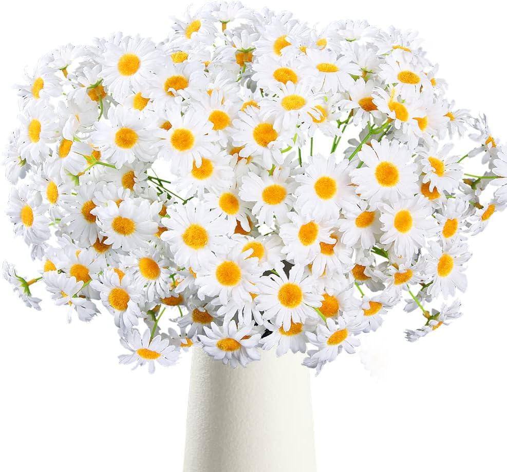 AmyHomie Artificial Daisy Flowers, 5 Bunches 135 Heads White Silk Gerbera Daisies, Fake Wildflowers with Bendable Stems for Wedding Home Indoor Outdoor Decor (20 Inches, White)