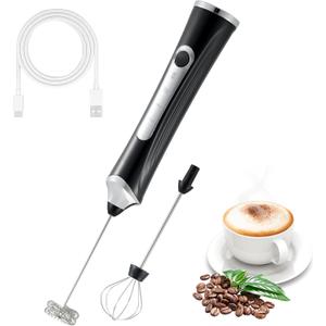 Handheld Electric Milk Frother with 2 Heads, Coffee Whisk Foam Mixer with USB Rechargeable 3 Speeds, Foam Maker Blender for Latte, Cappuccino, Hot Chocolate, Egg (Black)