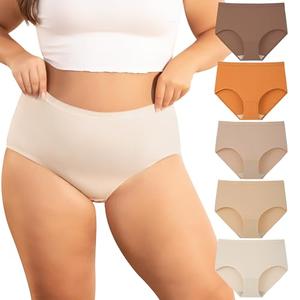 INNERSY Plus Size XL-6XL Big Curvy Woman Cotton Underwear High Waist Briefs 5-Pack(Cocoa Nude,3X-Large)