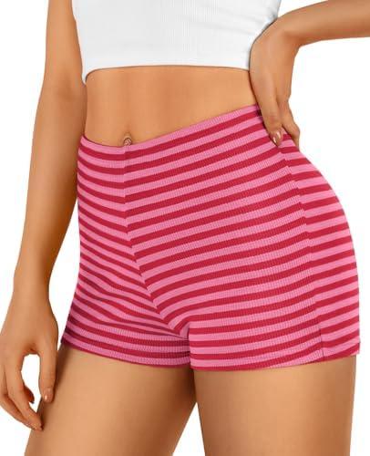 Trendy Queen Pajama Shorts Women Micro Low Rise Striped Boxers Trendy Spandex Bottoms 2025 Comfy Summer Lounge Sleepwear, S, Redpink