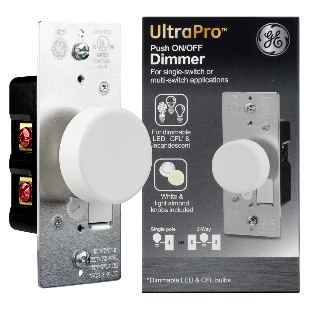 GE Single Pole Rotating Dimmer Switch, Rotate On/Off, Use with Dimmable LED, CFL, and Incandescent Bulbs, Includes Two Knob Colors, UL Listed, White/Light Almond, 18021
