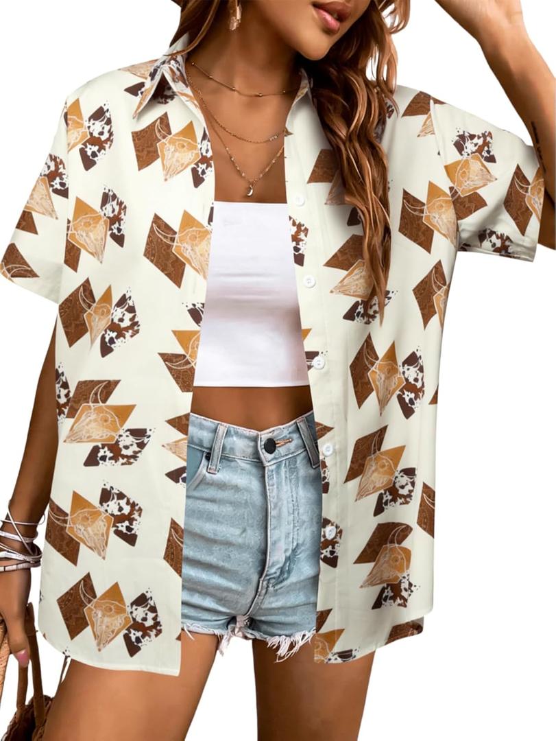Western Shirts for Women Cowgirl Shirt Cowboy Outfit Country Rodeo Tops Hawaiian Vacation Button Up Short Sleeve Blouses (Medium, Aztec Apricot)