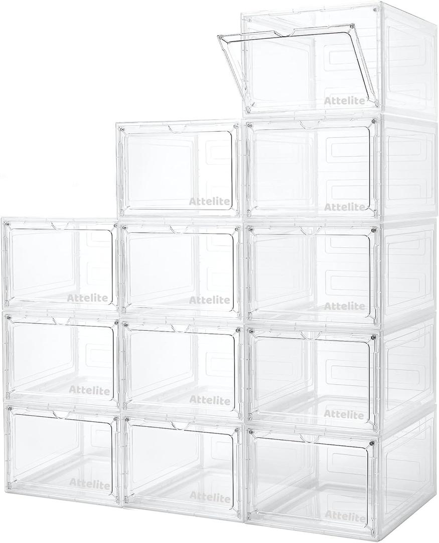 Attelite Upgrade 12pack Shoe Box Storage Containers,Thicken Sturdy Clear Stackable Plastic Shoe Organizer Box with Magnetic Door, X-Large Drop Front Shoe Box