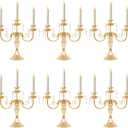 Metal 3 Arm Gold Candelabra with Crystal Pendants - 11.8 Inch Tall Candle Holders, Set of 6 - Elegant Taper Candlestick Stand for Wedding, Dining Table, Party Home Decoration