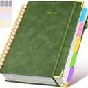 Hardcover Spiral Notebook journal with Removable Dividers Tabs, 300 Pages Leather 5 Subject Notebook College Ruled, 8"x10" Large B5 Notebooks for Work School Note taking, Lined Journal for Women,Green