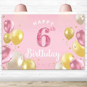Happy 6th Birthday Backdrop Banner - 6 Birthday Party Decorations Supplies for Girls - Pink 3.9 x 5.9ft