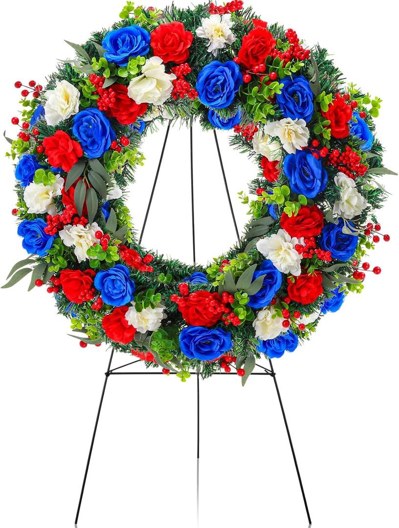 Crowye 2pcs Memorial Day 4th of July Grave Wreaths with Stand Set 23. 62in Cemetery Wreaths 30in Easel Patriotic Gravestone Headstone Independence Day Decor(Classic Cemetery Style)