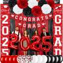 Graduation Party Decorations Class of 2025, Graduation Decorations with Congrats Grad Banner Fringe Foil Curtain Paper Flower Ball Balloons for High School College Grad Party Supplies, Red