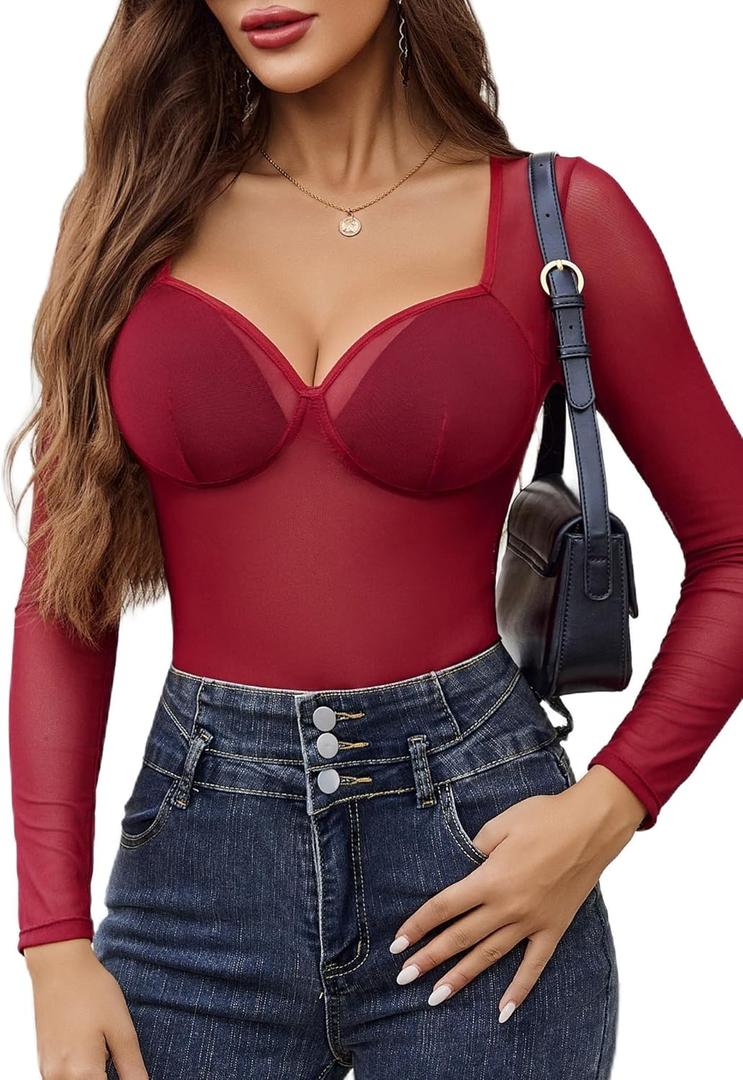 Avidlove Mesh Bodysuits for Women Long Sleeve Body Suits Leopard Print Going Out Tops Sheer Rave Outfits with Snap Crotch (Medium, Wine Red)
