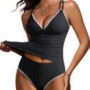 ANRABESS Womens Tankini Set Two Piece Swimsuit Tummy Control V Neck Top Bathing Suit High Waisted Color Block Swimwear 2026 (Medium, Black)