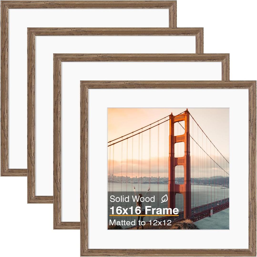 KINLINK 16x16 Picture Frame, Brown Square Solid Wood Frames for Pictures 12x12 with Mat or 16x16 without Mat, Wall Display Photo Frames Brown Wood 4 Pack
