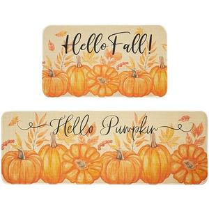 wyoansfhd Orange Hello Pumpkin Hello Fall Kitchen Mats Set of 2, Autumn Home Decor Low-Profile Kitchen Rugs for Floor - 17x30 and 17x47 Inch