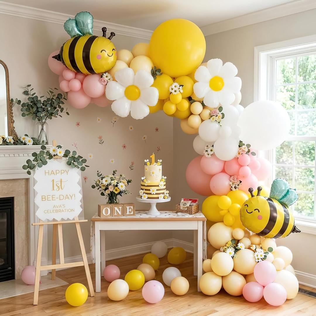 Bee Balloons Garland Arch Kit 134 pcs yellow pestal pink balloon Arch with bee daisy balloons for Baby Shower Lemonade Birthday Honeybee Party Decor