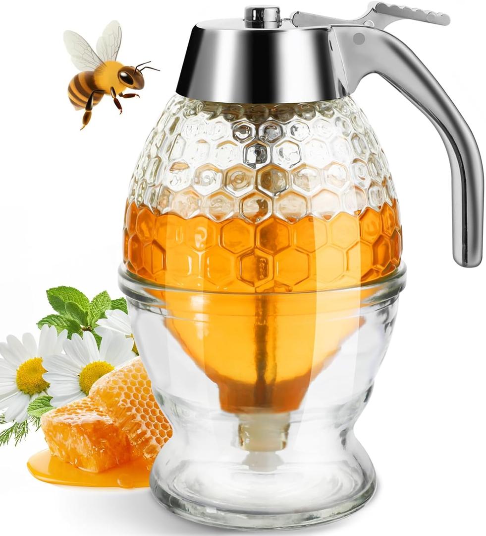 Honey Dispenser, Glass Honey Dispenser No Drip, Honey Pot with Stand, 8 oz Honey Jar, Maple Syrup Honey Container, Elegant Honeycomb Design for Home Decor for Any Occasion
