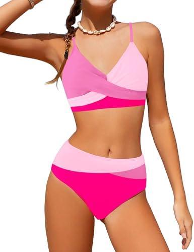 WIQI Girls Swimsuit Bikini Set 2 Piece Bathing Suits Color Block Criss Cross Swimwear Size 11-12Y