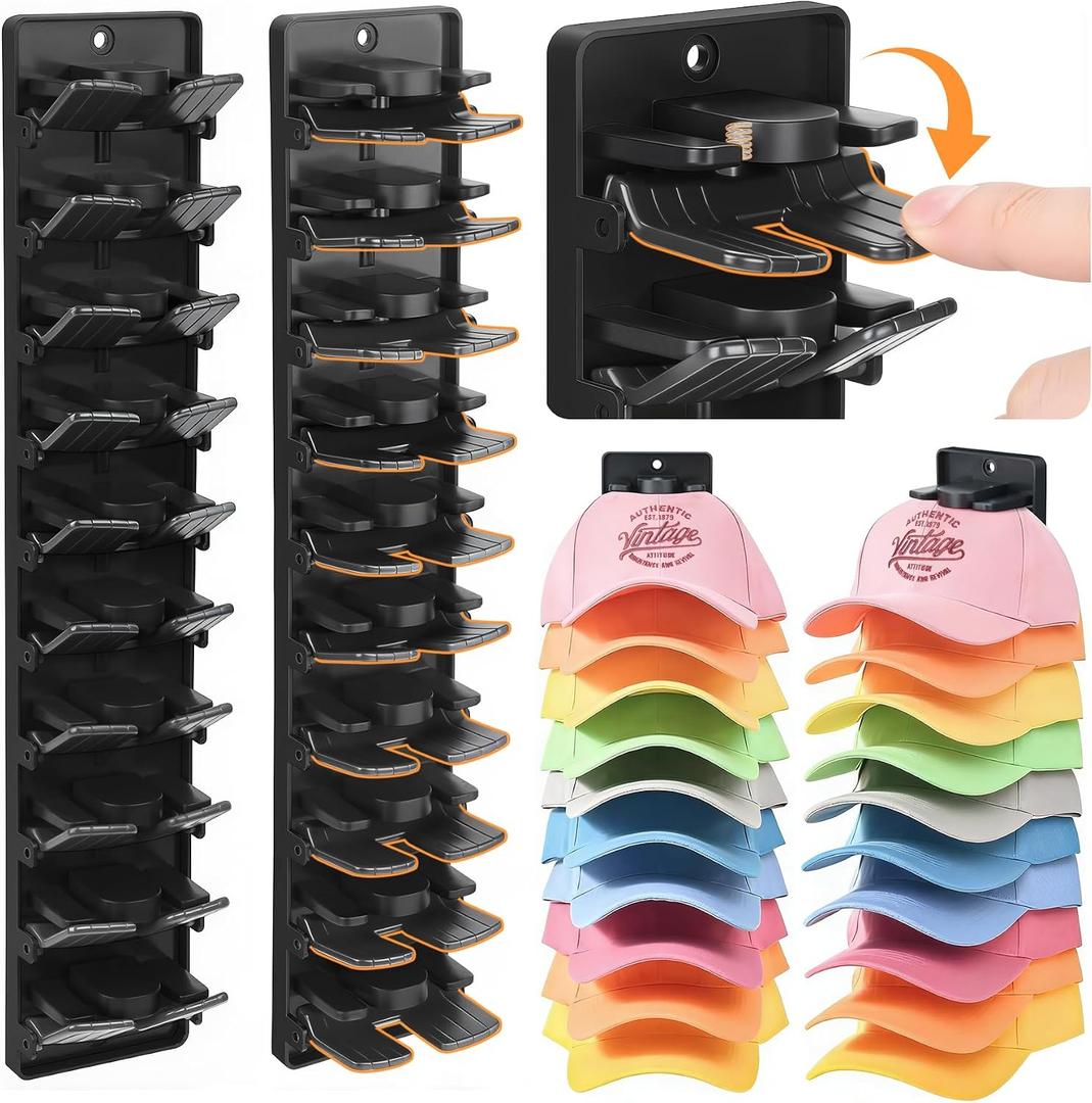 VanlonPro Baseball Caps Organizer 2 Pack with Built-in Spring Clips - Wall Hat Rack for Door & Closet - Multi-layer Hat Storage Display Holder (Strong Adhesive & Screws) - Black
