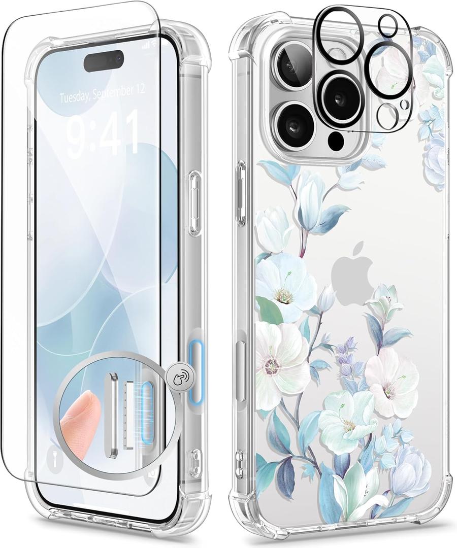 GVIEWIN for iPhone 16 Pro Case, with Screen Protector & Camera Lens Protector, Floral Shockproof Protective Bumper Slim Clear Phone Cover for Women 2024 6.3'', Hibiscus | Not Yellowing, Slim, Shockproof, Protective