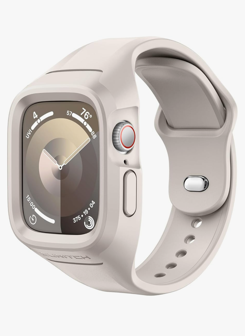 SURITCH Sport Band for Apple Watch 9/8/7/6/5/4/SE3/SE2/SE Case with Band 45mm 44mm, Soft Silicone Shockproof Rugged Protective Replacement Strap with Case for Women Men, Starlight