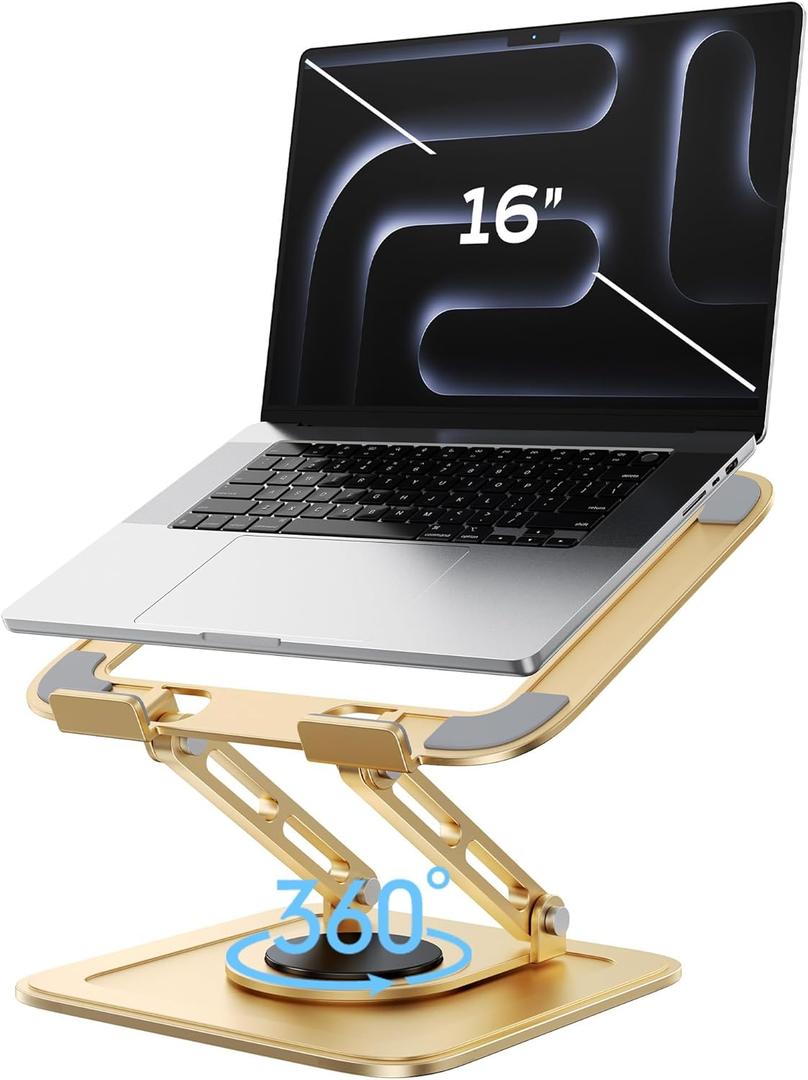 LOXP Adjustable Laptop Stand, Computer Stand with 360 Rotating Base, Ergonomic Laptop Riser Mount for Desk Foldable Portable Computer Desk Fits with MacBook Pro Air (10-16") - Gold