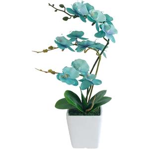 15 Inches Tall Artificial Silk Phalaenopsis Orchid Flower Plant Pot Teal Arrangements (Golden Blue)