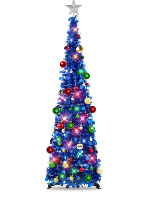 N&T NIETING Pop Up Christmas Tree with Lights, Collapsible Tinsel Xmas Tree Decorations, Pencil Christmas Tree Skinny Tree for Holiday Xmas Home Office Decor, 30 Balls, 5Ft, Blue