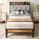 Sweetcrispy Twin Bed Frame with Upholstered Headboard, Storage Headboard with USB Charging Station, Sturdy Metal Slats Support, Durable Squeak-Free Wooden Frame, No Box Spring Needed, Grey, 11"Twin