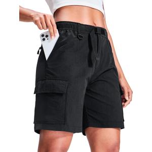 Haimont Women's 7 Inch Hiking Cargo Shorts with Belts Elastic Waist Nylon Quick Dry Water Resistant Camping Travel Trekking (Black, M)