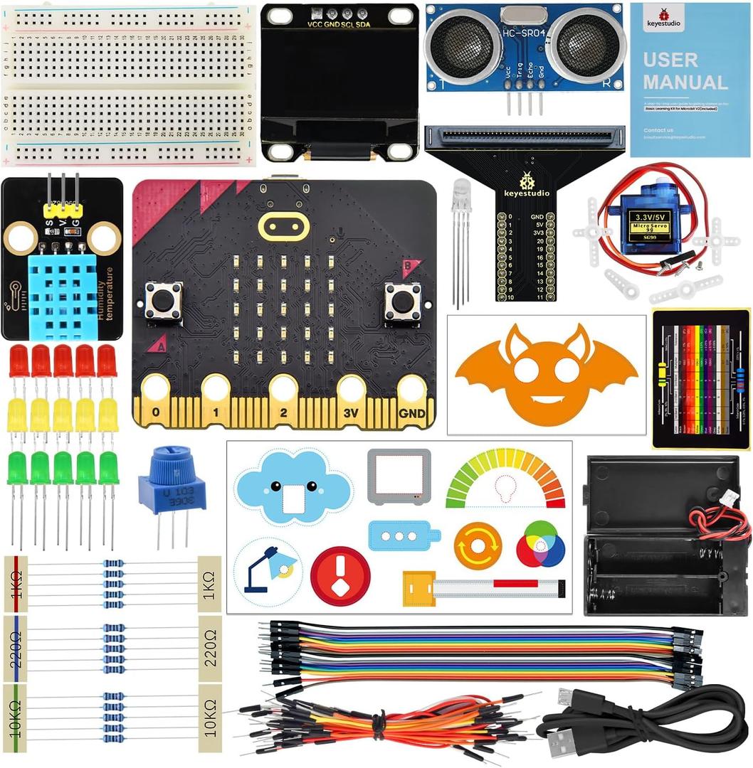 KEYESTUDIO Micro:bit Basic Starter Kit for Teens & Beginners - Electronics Learning Kit with Sensors, LEDs & Tutorials | STEM Education Projects for Coding(Micro:bit Included)
