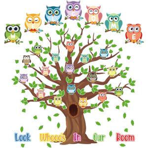 Tatuo 125 Pcs Classroom Tree Bulletin Board Set 47 x 46 Inch Tree Background Owl Leaves Dot Bulletin Board Cutouts for Elementary School Teacher Chalkboard Supplies(Owl)