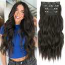 ALXNAN Clip in Long Wavy Synthetic Hair Extension 4PCS 24 Inch Dark Brown Thick Hairpieces Fiber Double Weft Hair for Women