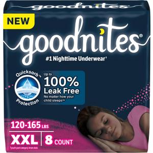 Goodnites Girls' Nighttime Underwear, Size XXL (120-165 lbs), 8 Ct