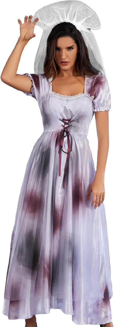 Zombie Bloody Bride Costume for Women Corpse Dress Halloween Cosplay Party (Medium-Large, White-red)