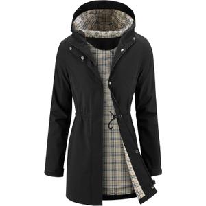 iCreek Women's Rain Jacket Long Raincoat Packable Hooded Waterproof Windproof Plaid Lined Trench Coat Lightweight for Outdoor (Black, S)