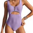 AI'MAGE Womens One Piece Swimsuits Tummy Control Bathing Suit 2025 Cutout High Waisted V Neck Monokini Swimwear (Large, Lilac Purple)