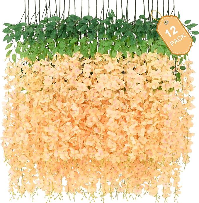 12 Pack Wisteria Hanging Flowers, 3.6 Feet Champagne Wisteria Artificial Flowers, Artificial Fake Flower Garland, Hanging Vines for Bedroom Wedding Home Party Wall Decor (Champagne, 12pcs)