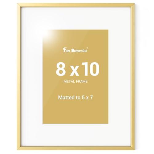 Fun Memories 8x10 Picture Frame, Gold Aluminum 8x10 Poster Frames with 5x7 Removable Mat with Plexiglass, Vertical and Horizontal Display, Wall Hook Hanging, Set of 2
