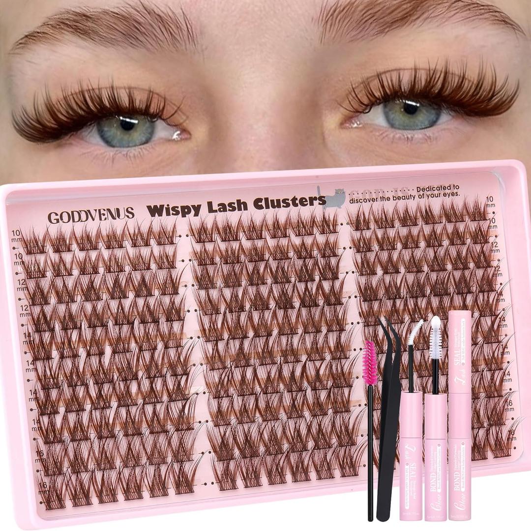 Brown Wispy Eye Lash Clusters Kit Natural Cluster Eyelash Extensions Kit False Eyelash Clusters Fluffy DIY Individual Lash Extensions Kit C Curl