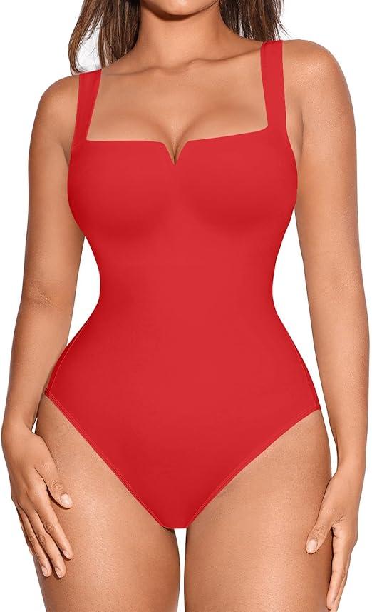 FeelinGirl Square Neck Bodysuit for Women Sleeveless Tummy Control Slimming Bodysuit Going Out Tank Tops (3X-Large, Red)