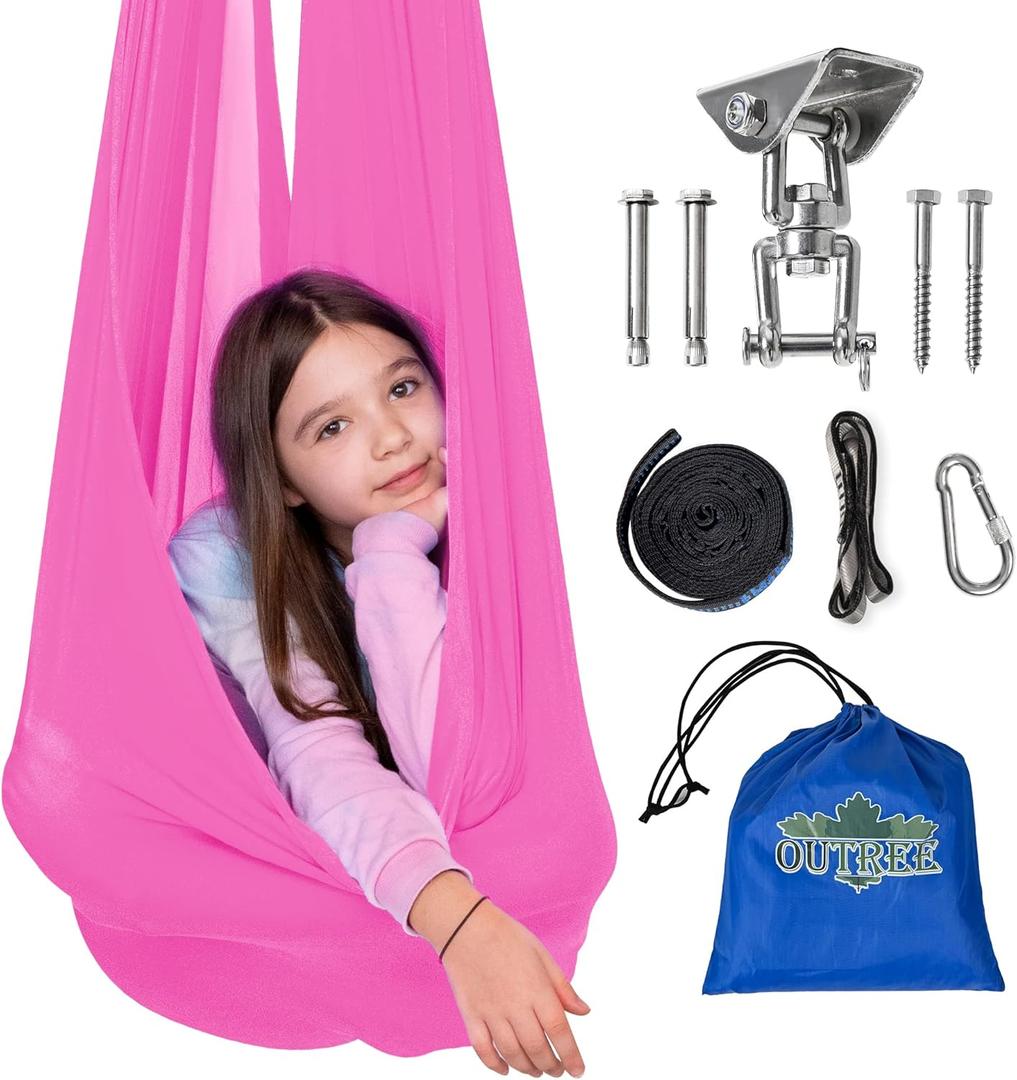 OUTREE Sensory Swing for Kids with 360 Swivel Hanger, Indoor Therapy Swing Great for Autism, ADHD, Sensory Processing Disorder, and Autistic Children (Rose Red)