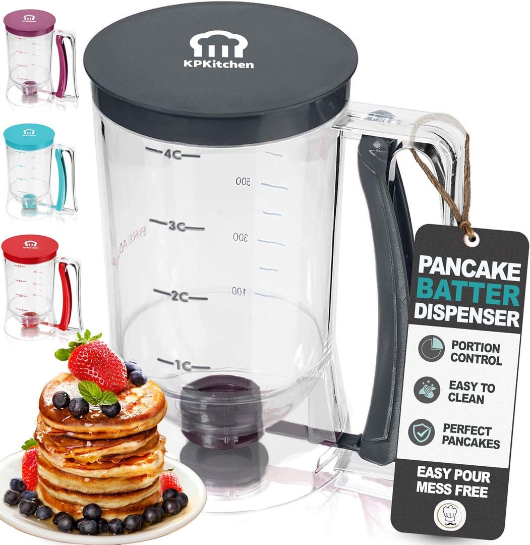 Pancake Batter Dispenser - Kitchen Must Have Tool for Perfect Pancakes, Cupcake, Waffle, Muffin Mix, Cake & Crepe - Easy Pour Baking Supplies for Griddle - Pancake Maker with Measuring Label (Black)
