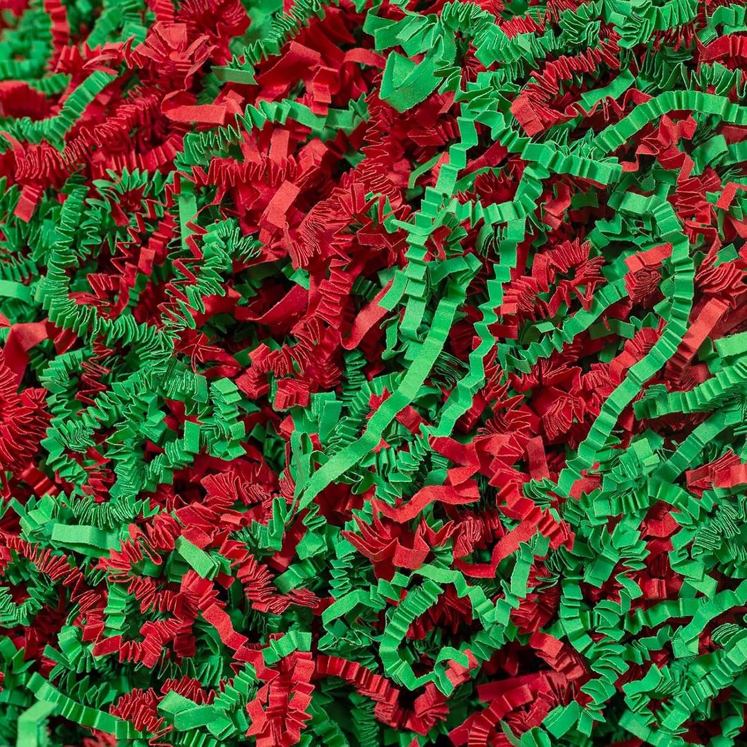 Mefleet 1 LB Crinkle Cut Paper Shred Filler Green & Red Crinkle Shredded Paper for Gift Box - Gift Basket Bag Filler - Grass Cushion Stuffing for Christmas Holiday Packaging Wrapping