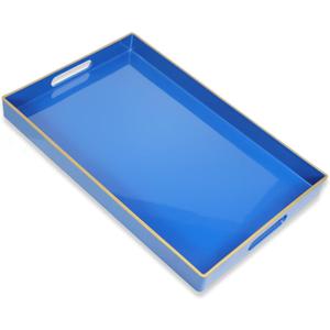 Blue Decorative Coffee Table Tray, Rectangular Plastic Serving Tray with Handles for Living Room, Ottoman, Bathroom, 15.7"*10.2"