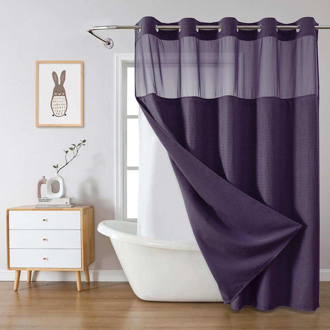 eachope Purple Long No Hook Waffle Weave Shower Curtain with snap-in Liner Replacement, 230GSM Waterproof Fabric Hotel Shower Curtain Set for Bathroom, Through Mesh Top Window,71Wx80H