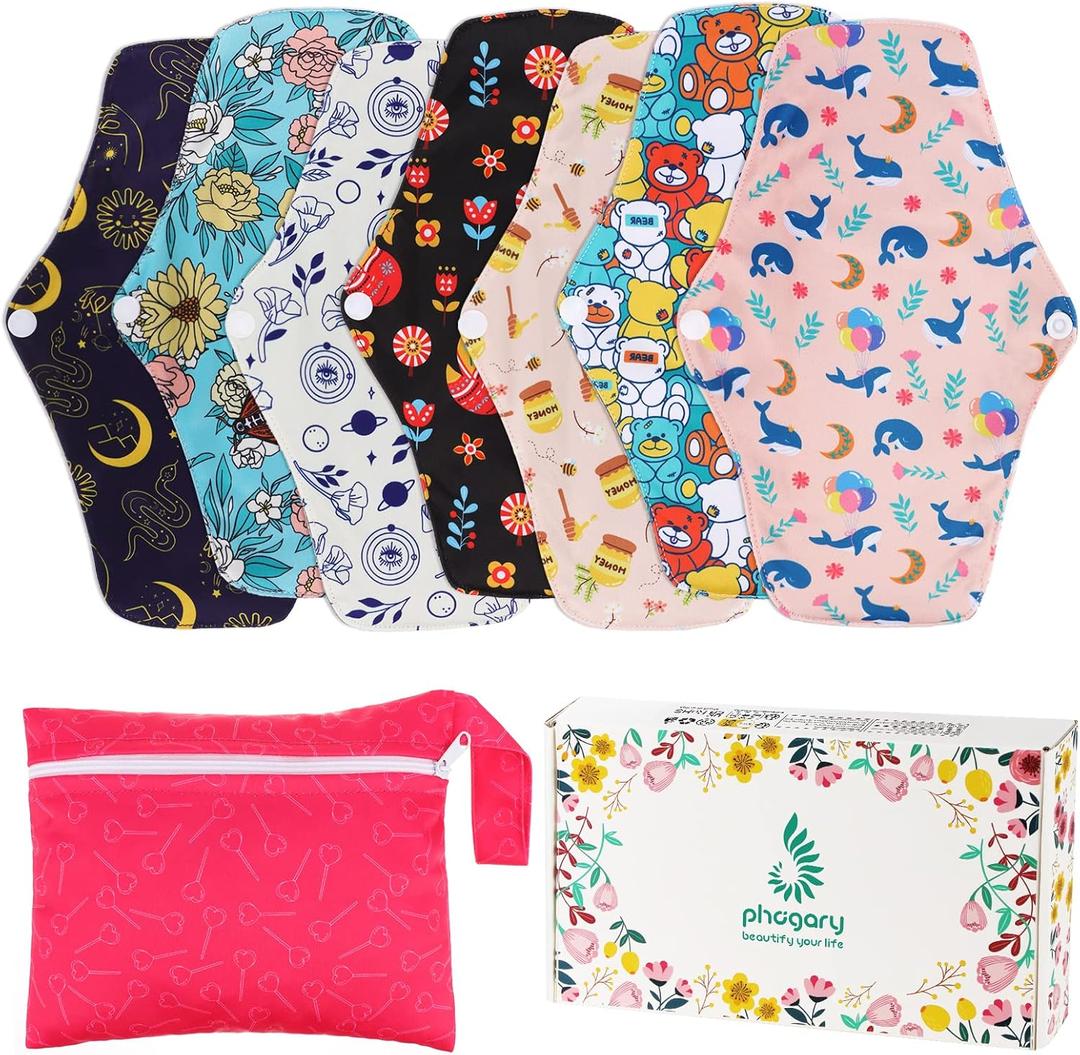 PHOGARY Reusable Menstrual Pads, Bamboo Cloth Pads for Heavy Flow with Wet Bag, Large Sanitary Pads Set with Wings for Women, Washable Overnight Cloth Panty Liners Period Pads(7 in 1, Style H)