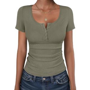 ANRABESS Womens Short Sleeve Henley Shirts Ribbed Slim Fitted Tee Summer Work Tops 2026 Button Blouse Spring Vacation Clothes (Large, Army Green)