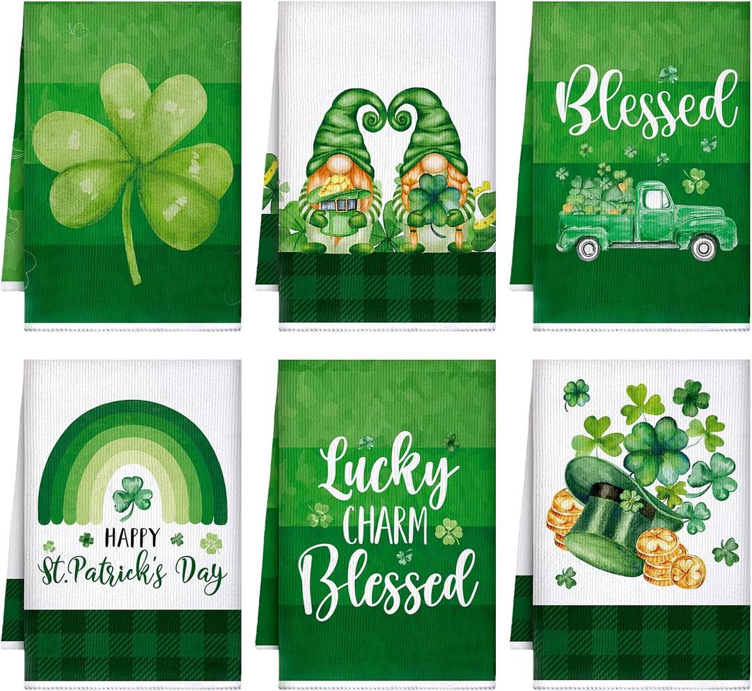 Honoson 6 Pcs St Patrick's Day Kitchen Towels St. Patrick's Day Dish Towels Shamrocks Gnomes Plaid Absorbent Bathroom Set Tea Cloth for Kitchen Home 16 x 24 Inches(Bright Green,Shamrock)