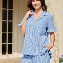 Kissonic Womens Striped Pajamas Set 2 Piece Cotton Short Sleeve Ruffle Pajama V Neck Striped Pjs Lounge (S)