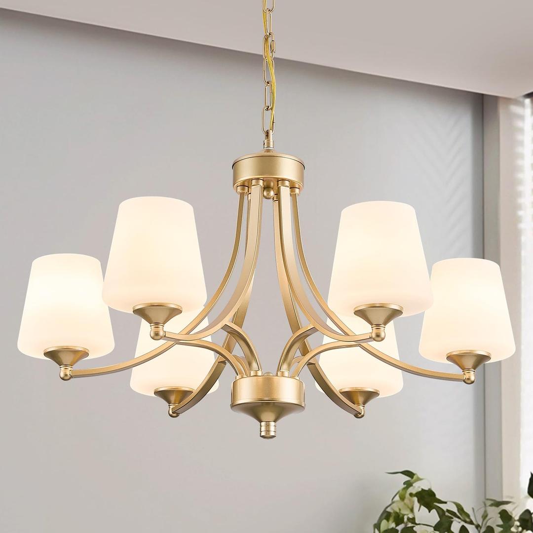 6-Light Modern Gold Chandeliers for Dining Room 47.2'' Adjustable Height Farmhouse Pendant Light with Frosted Glass Shades,Gold Round Chandeliers Hanging Lamp for Kitchen Island Dining Table Entryway, Large